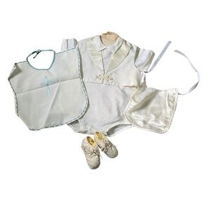 Christening Vintage Boys 6 Month White 2 Piece Outfit With Bibs And Shoes 1980’s